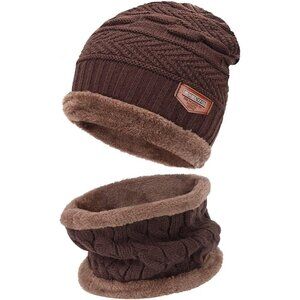 🆕 Men Brown Fleece Lined Winter Cap Beanie Scarf Set Knit Neck Warmer Nice Hat